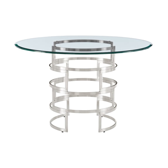 Diaz Round Dining Table with Brushed Stainless Steel Base and Glass Tabletop