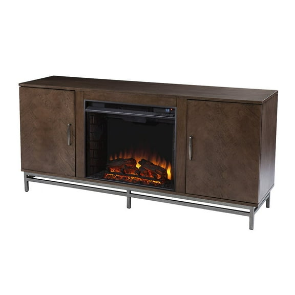 Dibbonly Electric Fireplace with Media Storage in Brown/Matte Silver