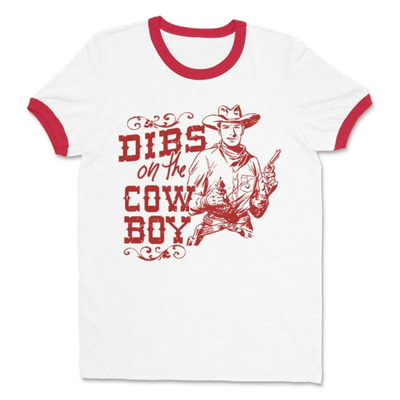 Dibs On The Cowboy Ringer Tee Shirt Unisex Small White/Red