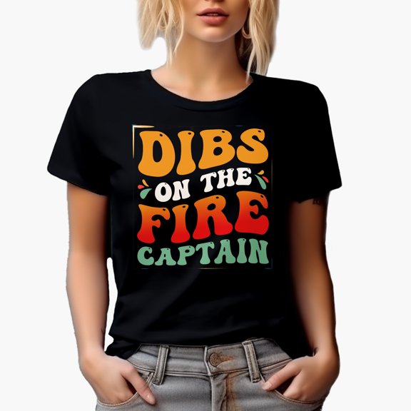 Dibs on the Fire Captain, Firefighter Quote, Groovy Retro Wavy Text Merch Gift, Black T-Shirt, Small