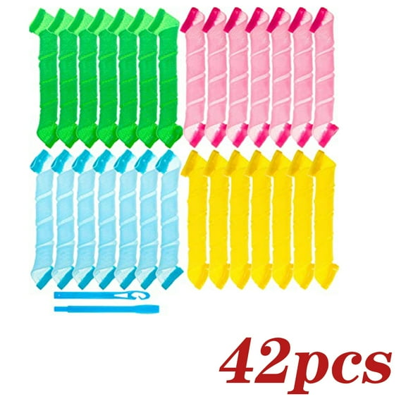 Dicasser 40 Pieces Heatless Curlers No Heat Spiral Curls Hair Curlers Styling Kit with 2 Pieces Styling Hooks for Most Kinds of Hairstyles (Pink Blue Yellow Green,30 cm)
