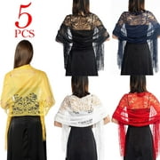 Dicasser 5pcs Women Fashion Wrap Lady Shawl Lace Sheer Floral Print Scarf Scarves with Tassels, Soft Mesh Fringe Wraps for Wedding Evening Party Dresses