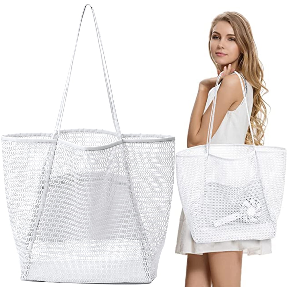 Dicasser Beach Bag Extra Large Tote Bags Mesh Tote Bag for Women with Zip Pocket Shoulder Bag Summer Beach Bags Reusable Shopping Bag for Picnic Holiday Travel Grocery White Walmart