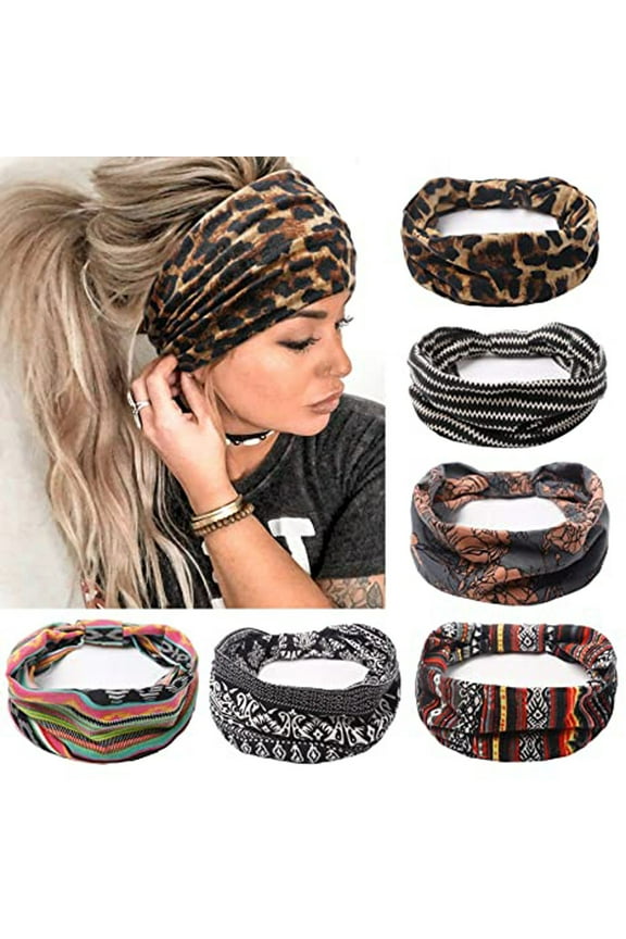 Boho Turban Headbands for Women African Floral Wide Knotted Head Wraps, 6PCS