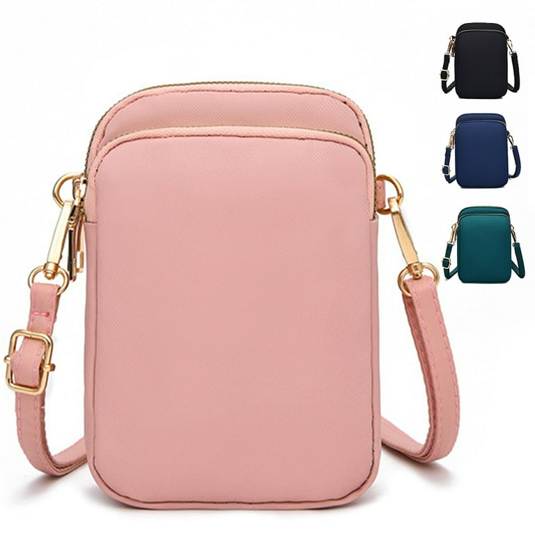 Dicasser Cross Body Phone Bag Women Nylon Ladies Mobile Phone Bags Purse Mini 3 Layers Zipper Shoulder Wallet Bag with Adjustable Strap Pink