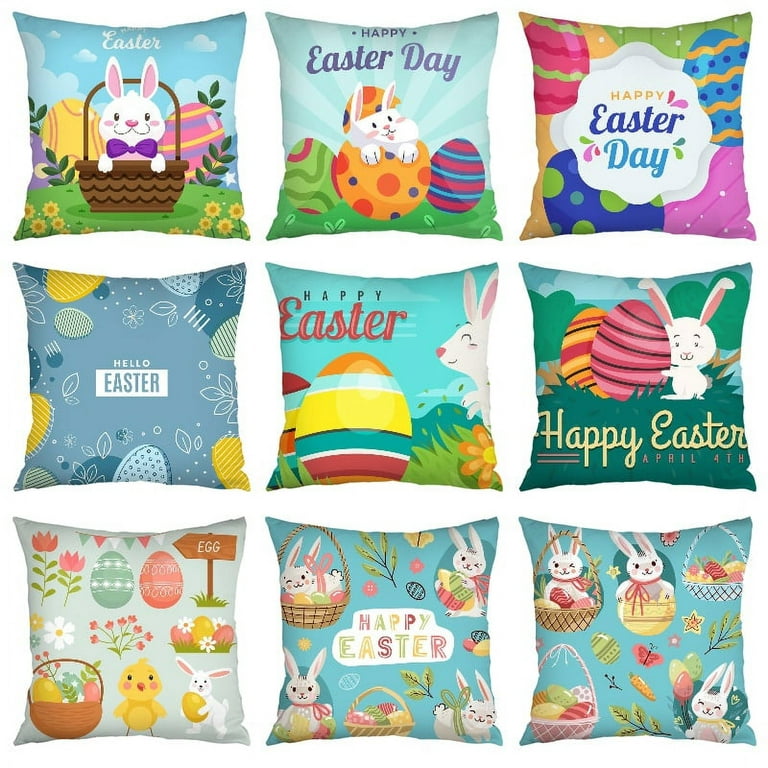 Dicasser Easter Pillow Covers 18x18 Set of 6 Easter Pillow Case Rabbit  Bunnies with Eggs, Peach skin Throw Pillows Covers for Couch Sofa Patio 