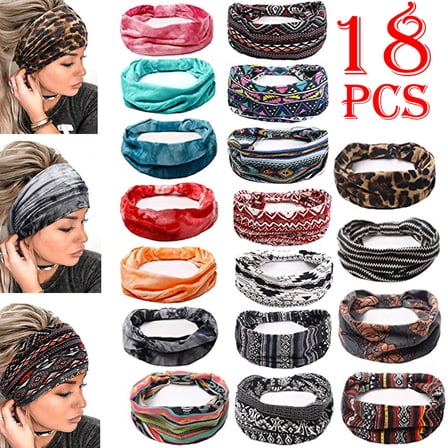 Dicasser Headbands for Women African Boho Wide Knotted Head Wraps Turbans, 18PCS