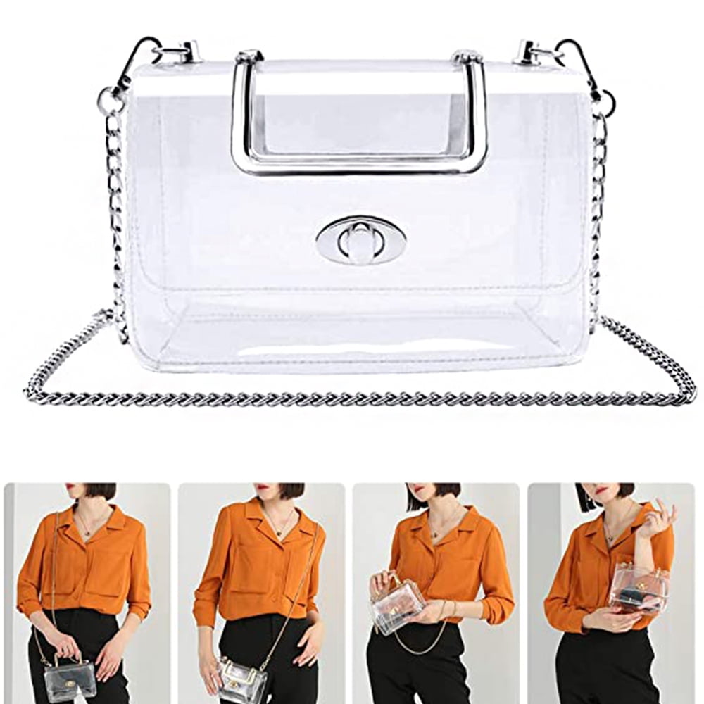 Dicasser Silver Womens Transparent Clutch Clear Purse Crossbody with Silver  Chain Strap Stadium Approved Bags