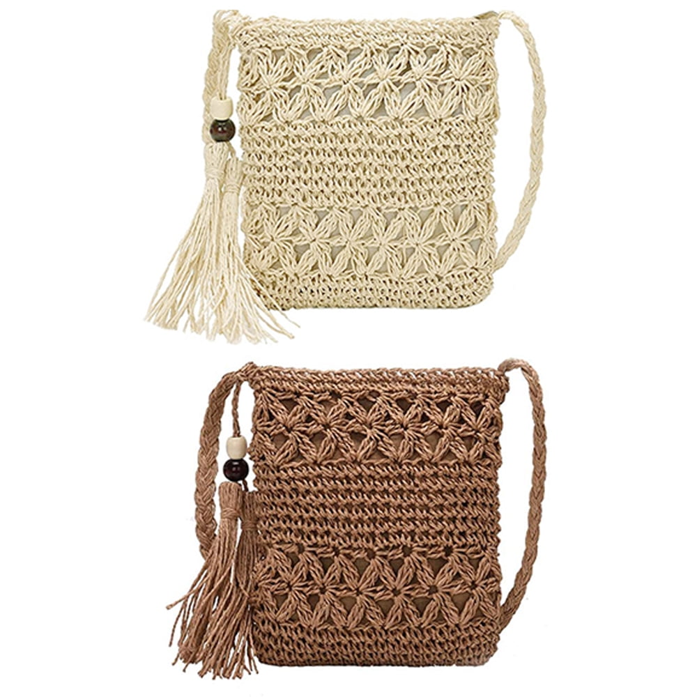 Dicasser Straw Bags For Women Summer Beach Straw Bags With Tassel Mini Straw  Handbags With Zipper Weave Handmade Crossbody Bag Bohemian Shoulder Purse  2PCS 