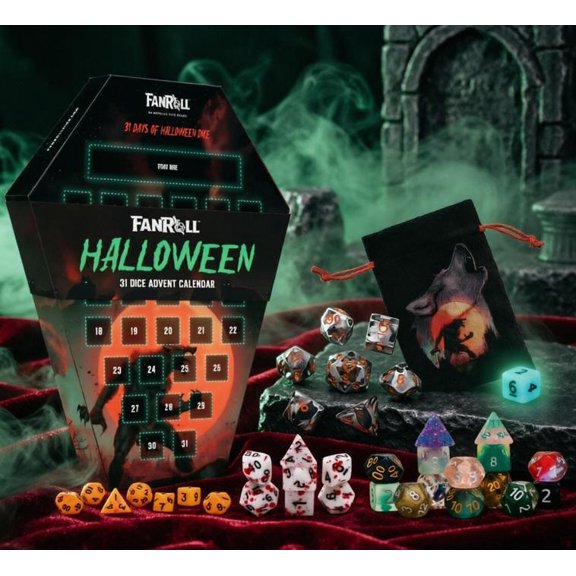 Dice Goblin Werewolf 2026 Halloween Calendar - 31 Day RPG Dice Countdown in Coffin - Metal & Blood Splatter Gaming Set.
