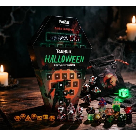 Dice Goblin Werewolf Halloween Advent Calendar 2026 - 31 Days RPG Dice Countdown in Coffin Box - Metal, Blood Splatter & Mini Dice Set with Storage Bag.