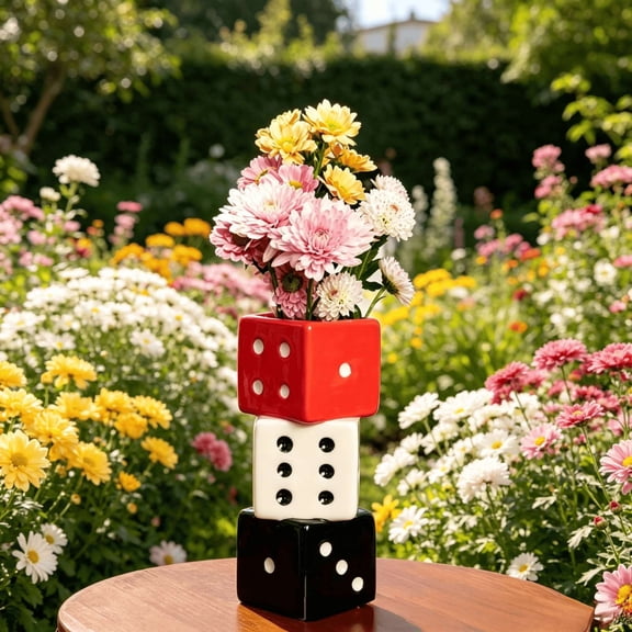 Dice Shaped Resin Bar Vase, Stylish Color Block Decorative Flower Pot, Creative Modern Ornament for Home Living Room Bar Office Desktop Shelf Decoration