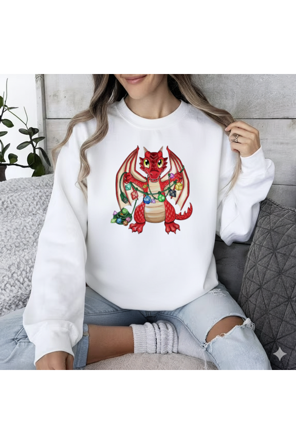 Dicey Dragon Holding Dice Christmas Lights Fantasy Holiday Art Sweatshirt, up to size 5XL