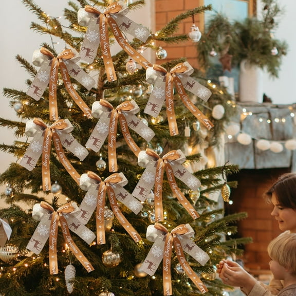 Diceymbol 10-Piece Double Loop Christmas Bows, Natural Linen Material with Holiday Patterns, 9.4x7 Inch