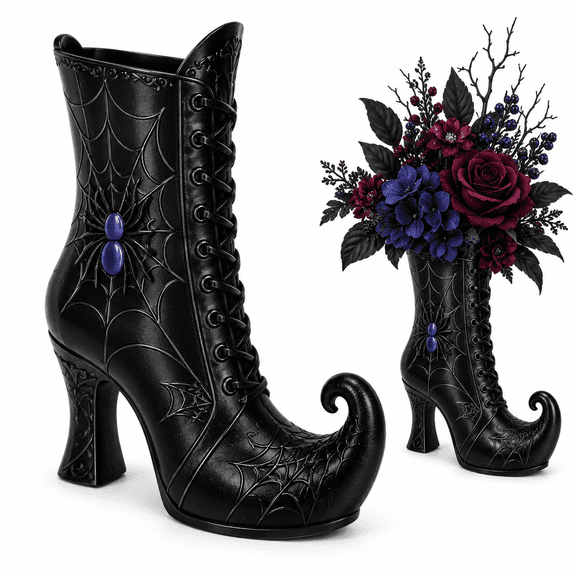 Diceymbol 10 in Gothic Witch Boot Vase, Printed Halloween Centerpiece Decorative Flower Holder for Fireplace, Table and Home Party