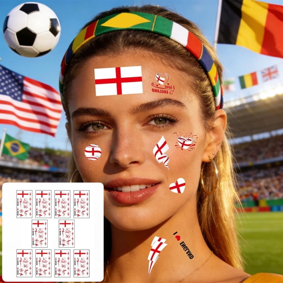 Diceymbol 10Pcs Country Flag Temporary Tattoos 3x5 Inch Waterproof Soccer Game Day Face Stickers for Sports Event Party Fan Support (England)