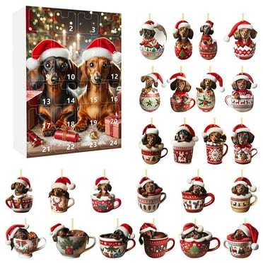 Diceymbol 2024 Festival Vacation Advent Calendar 24 Day Christmas Countdown Calendar Dachshund Pendant With Santa Hats 2D Xmas Tree Ornaments For Christmas Party Christmas Gifts