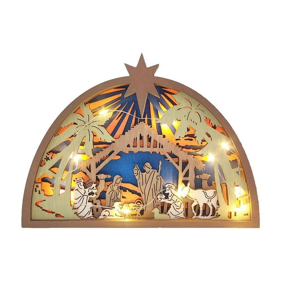 Diceymbol 2025 New Rustic Wooden Nativity Scene Ornament Christmas Decor with LED Lights for Shelves and Tables Wooden Christmas LED Lights Ornaments Christmas Scene Decorations