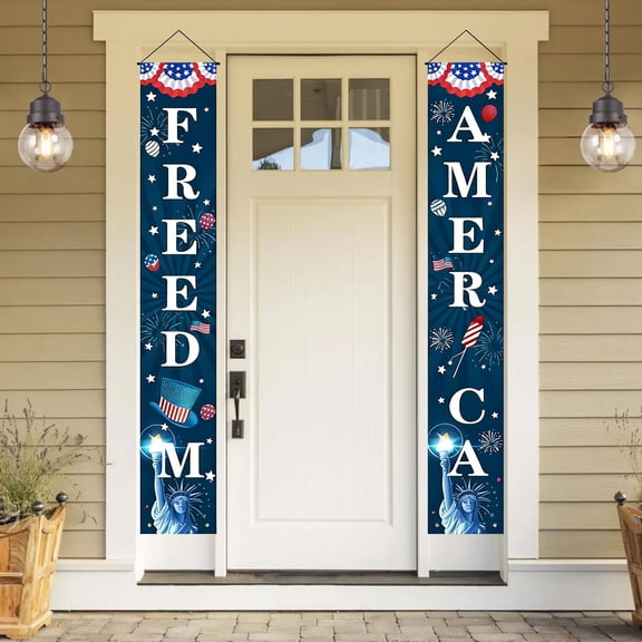 Diceymbol 2Pcs 4th Of July FREEDOM Happy Porch Banners Waterproof Oxford Fabric Hanging Door Signs For Independence Day Home Front Porch Yard Party Summer Holiday Decor 70.9In x 11.8In