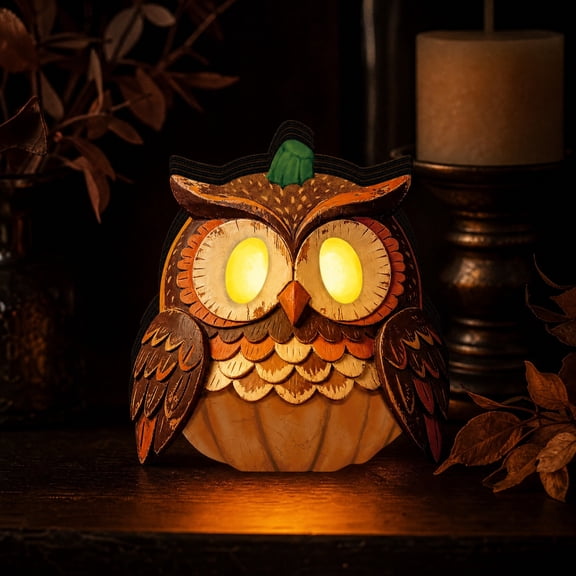 Diceymbol 4.7 Inch Halloween LED Owl Figurine, Wooden Pumpkin Owl Tabletop Decoration with Warm Glowing Eyes for Mantel Shelf Fall Home Decor