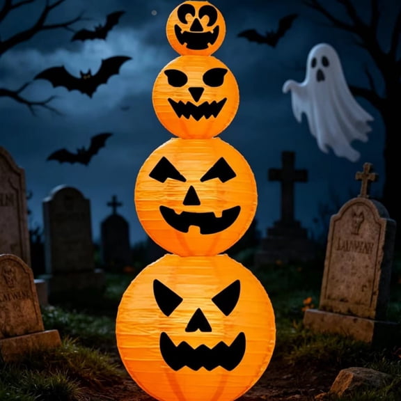 Diceymbol 4 Tier Stacked Jack O Lantern Paper Lantern Set Foldable Hanging for Halloween Porch Yard Decor 32 Inch