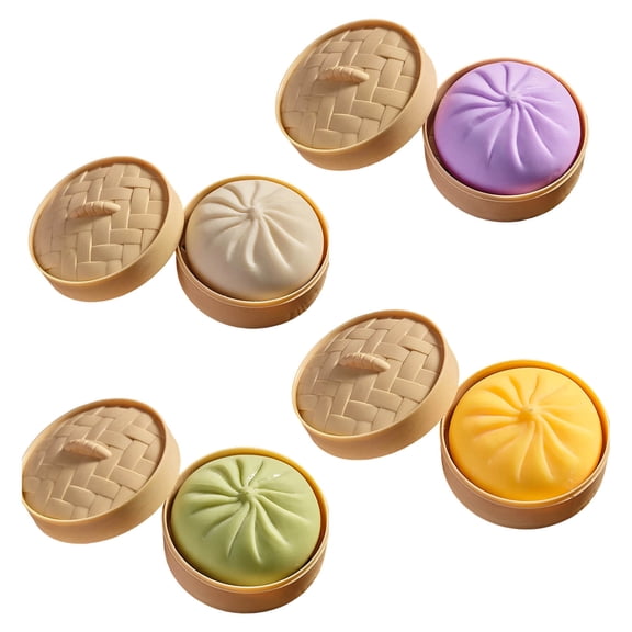 Diceymbol 4Pack Bun Shaped Squishy Stress Reliever with Steamer Basket Slow Rising for Office Calming 2In