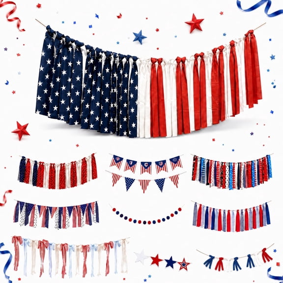 Diceymbol 4th Of July Tassel Garland American Flag Stars Stripes Bunting Banner 250th Anniversary Independence Day Red White Blue Fabric Garland For Home Party Decor 98.43In x 11.81In