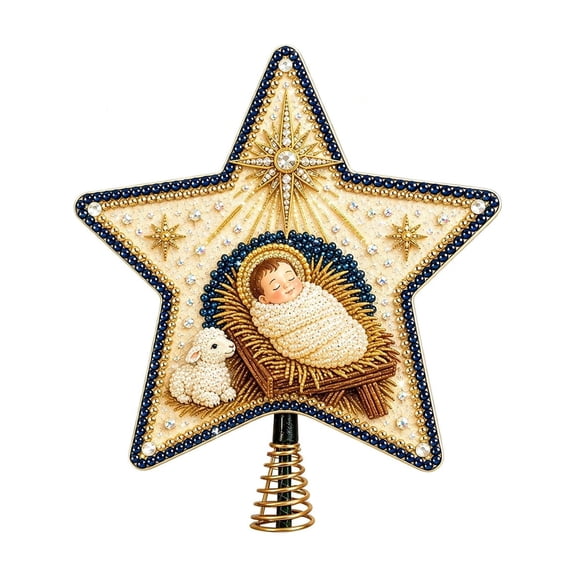 Diceymbol 5.91 in Religious-Themed Christmas Tree Top Star, Rhinestone-Look and Beaded-Style Baby Jesus Manger Tree Top Ornament