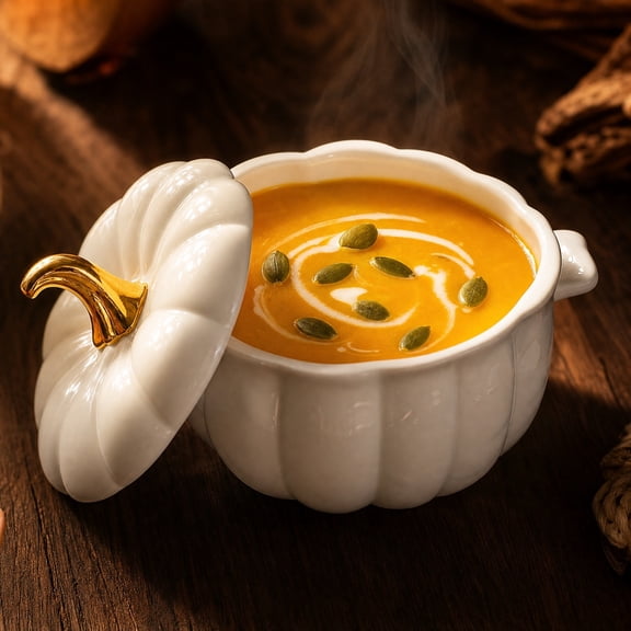 Diceymbol 6.7 Inch Ceramic Pumpkin Bowl with Lid, White Covered Serving Dish with Gold Stem for Fall Thanksgiving Table Decor