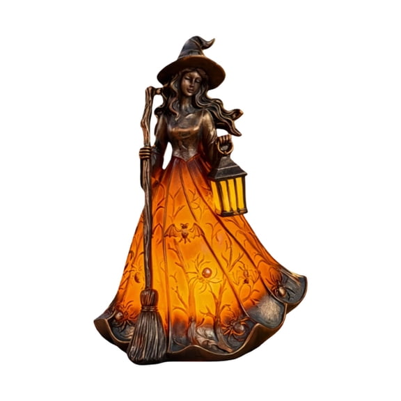 Diceymbol 7.1 in Halloween Resin Witch Figurine Lamp with Broomstick, USB Powered Witch Statue Tabletop Night Light, Orange Glow