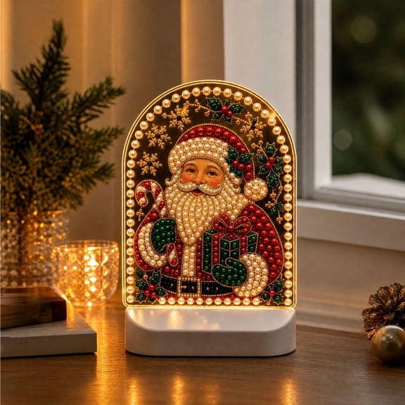 Diceymbol 7.87 in Christmas Pearl Diamond Art LED Night Light, USB Powered Santa Claus Christmas Tabletop Decor Ornament for Home Holiday Party Decoration