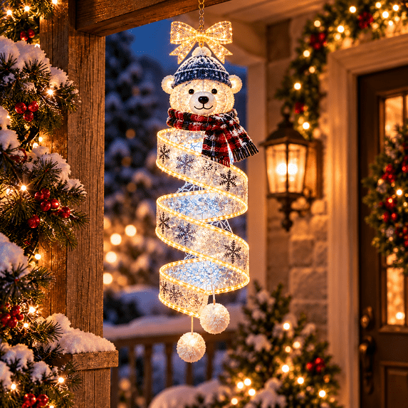 Diceymbol 9.84 in Polar Bear Christmas Magic Spiral Hanging LED Light Collection, Warm LED Glow Vertical Holiday Decor for Porch Doorway Window Covered Patio
