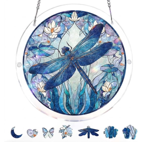 Diceymbol Acrylic Puzzles Suncatcher Window Hanging 7.4 Inch Tiffany Style Stained Glass Sun Catcher Dream Catchers for Adults Mother's Day Gift Home Decor (Celestial Dragonfly)