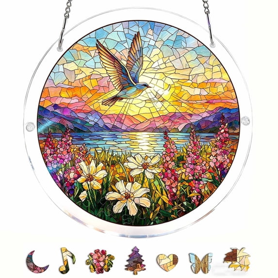 Diceymbol Acrylic Puzzles Suncatcher Window Hanging 7.4 Inch Tiffany Style Stained Glass Sun Catcher Dream Catchers for Adults Mother's Day Gift Home Decor (Sunset Bird)