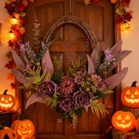 Diceymbol Artificial Wreath Peony Chrysanthemum Maple Leaf Door Hanging 16 Inch Decor