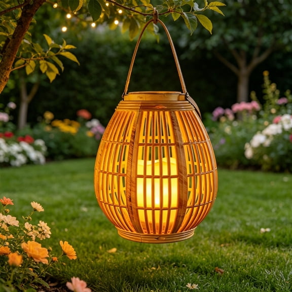 Diceymbol Bamboo Solar Lantern with Flickering Flame Candle Waterproof Hanging Solar Lights for Outside Patio Porch Garden Rustic Decor 14In