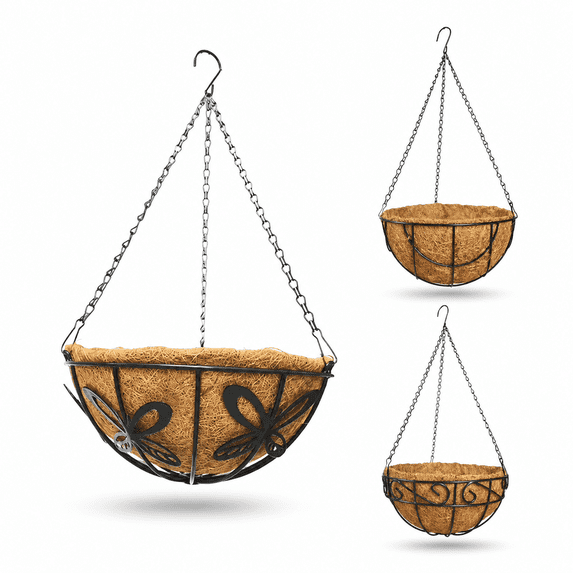 Diceymbol Hanging Planters for Indoor Outdoor Plants, Black Metal Hanging Planter Basket with Butterfly Cutouts and Coco Liner for Patio Yard Home Garden Decor 16 Inch