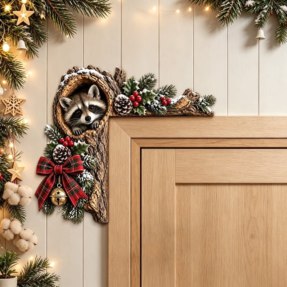Diceymbol Chipmunk Tree Hollow Door Topper Woodland Animal Door Frame Decoration, Snowy Christmas Raccoon 2D Wooden Corner Ornament with Plaid Bow and Bell