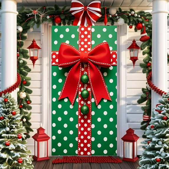 Diceymbol Christmas Door Cover 35.43x73 Inch, Multicolor Bow Pattern Nylon Spandex