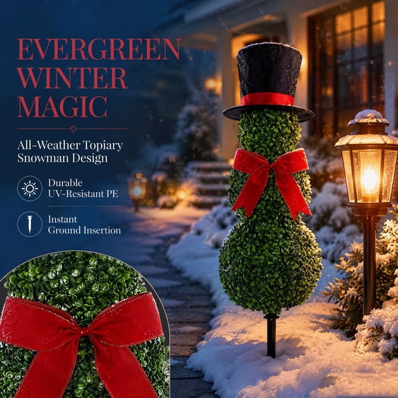 Diceymbol Christmas Snowman Topiary Outdoor, Boxwood Topiary Stake with Bow and Hat, 27.5 Inch Simple Artificial Snowman Tree for Porch Garden Entryway Christmas Decor