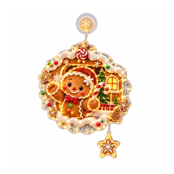 Diceymbol Christmas Suction Cup Window Light Light-Up Festive Window Scene Flat Plastic Christmas Decoration with Warm LED Lights, 7.09 in Gingerbread
