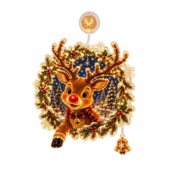Diceymbol Christmas Suction Cup Window Light Light-Up Festive Window Scene Flat Plastic Christmas Decoration with Warm LED Lights, 7.09 in Reindeer