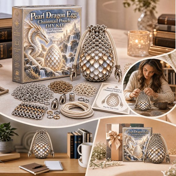 Diceymbol DIY Pearl Dragon Egg Kit for Adults, Handcrafted Dragon Egg Arts and Crafts, Chainmail Pouch Craft Kit for Dragon Lovers, Fantasy Gifts and Decorations