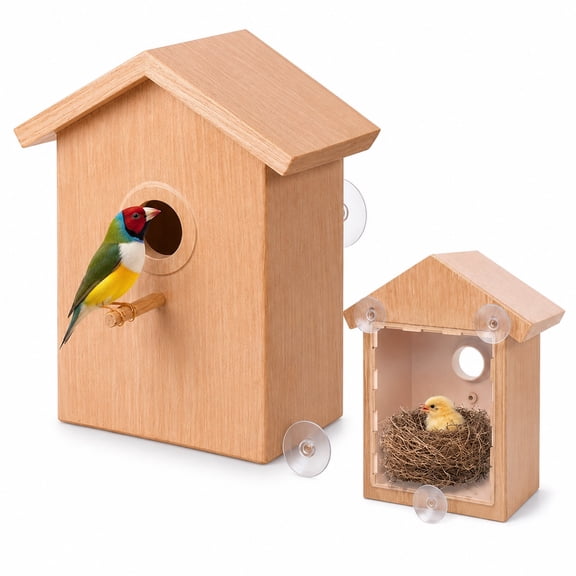 Diceymbol DIY Window Bird Feeder House Wooden Bird Box With Suction Cups Transparent Window Weatherproof Natural Wood Wild Bird Feeder For Window Bird Watching Nesting And Garden Backyard