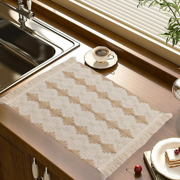 Diceymbol Fabric Placemats Cotton And Linen Wind Woven Placemats Tassel Heat Insulating Mats Holiday Decorative Two-color Splicing Western-style Placemats Table Runners Western Placemats Decor