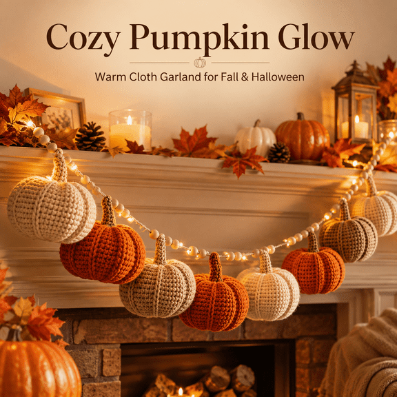 Diceymbol Fall Pumpkin Garland Lights 5.9 Ft, Crochet Pumpkin Light Garland for Mantel Wall Table Shelf Thanksgiving Halloween Decor