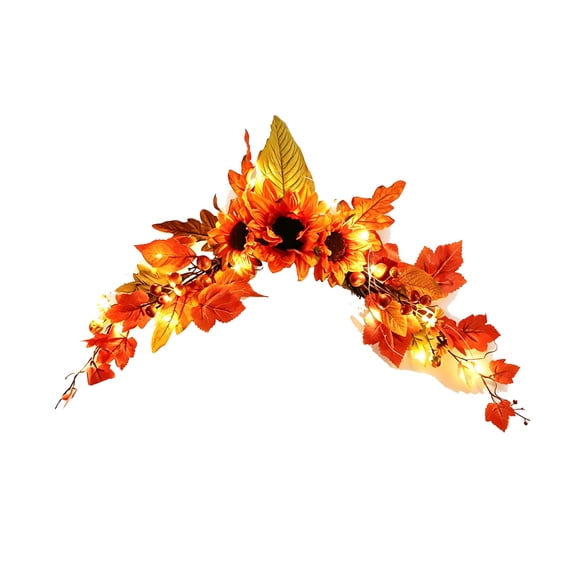 Diceymbol Fall Sunflower Door Swag with Lights, 17.72 Inch Artificial Maple Leaf Berry Hanging Swag for Front Door Mantel Thanksgiving Decor