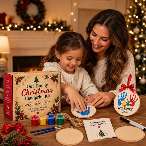 Diceymbol Family Christmas Handprint Ornament Kit, DIY Holiday Keepsake Craft Set with Wooden Ornaments and Paint, Christmas Memory Gift for Kids Parents and Grandparents