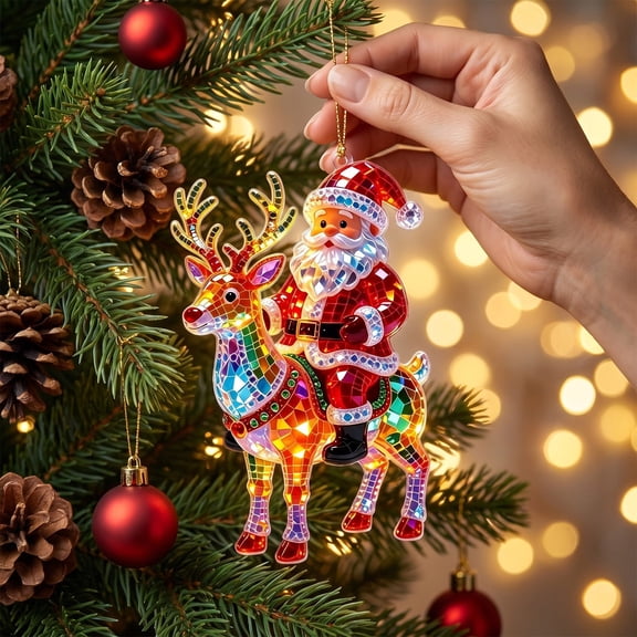 Diceymbol Festive Christmas Acrylic Hanging Ornament, Santa on Reindeer, 3.15 Inch Lightweight Mosaic Style Tree Decor, Ready to Hang