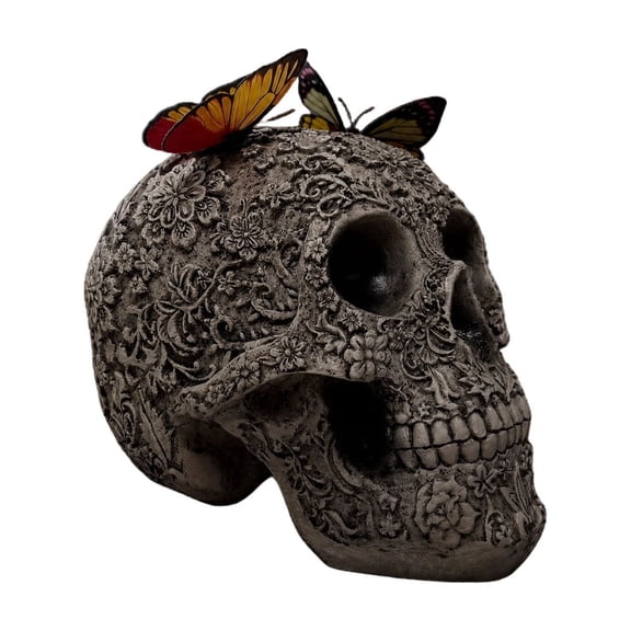 Diceymbol Floral Skull Decor with Butterfly Accents Halloween Tabletop Ornament for Shelf Mantel Gothic Home Display 7 Inch